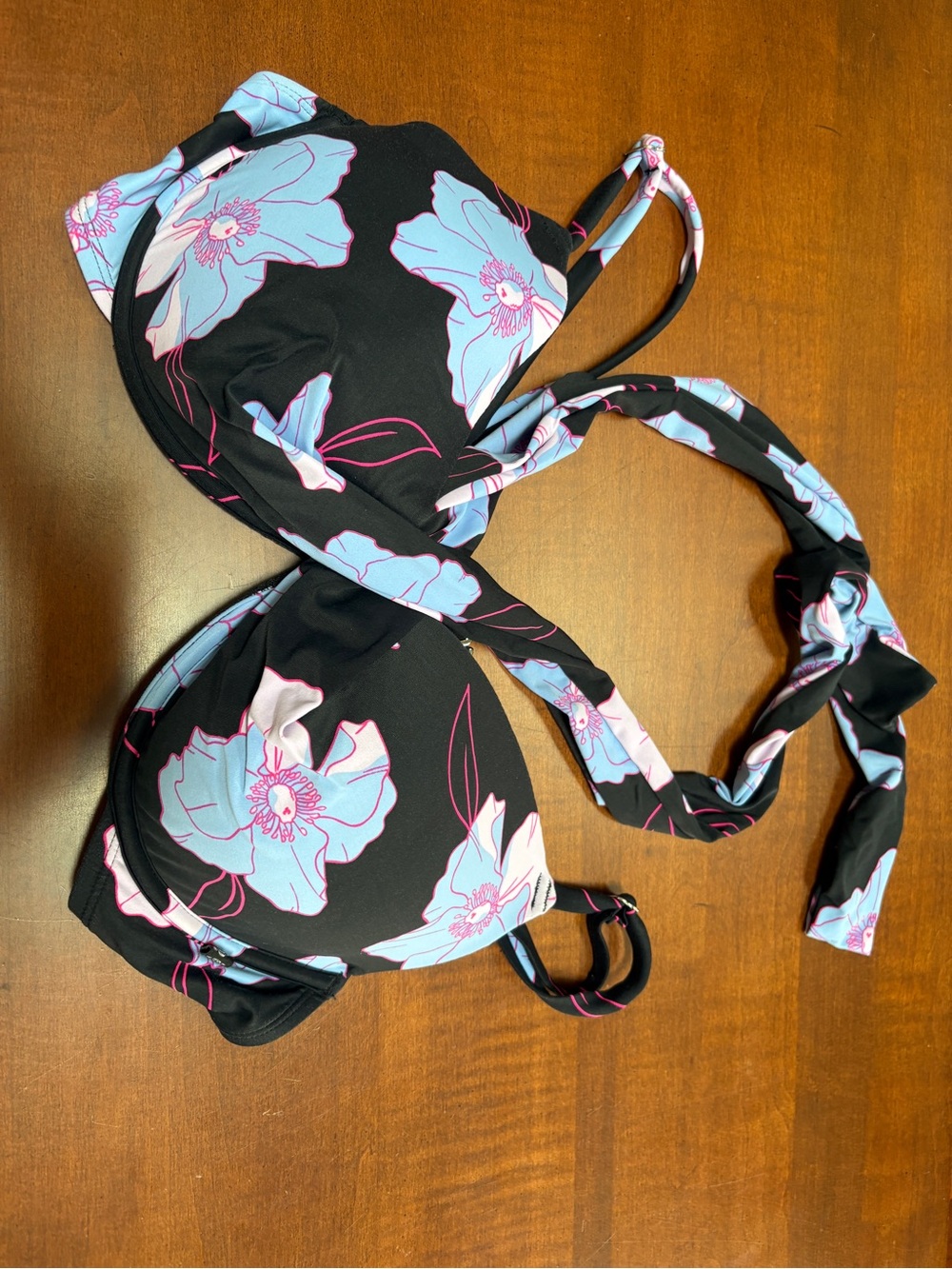 La Vie En Rose Black Bikini Top with Light Blue & Pink Floral Print